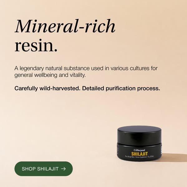 This image ad features Shilajit resin, highlighting its mineral-rich composition and traditional use for wellbeing and v