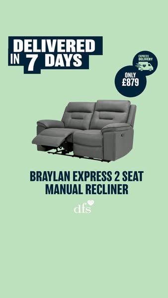 This is an image ad for the Braylan Express 2 Seat Manual Recliner from DFS. It features the product and highlights expr