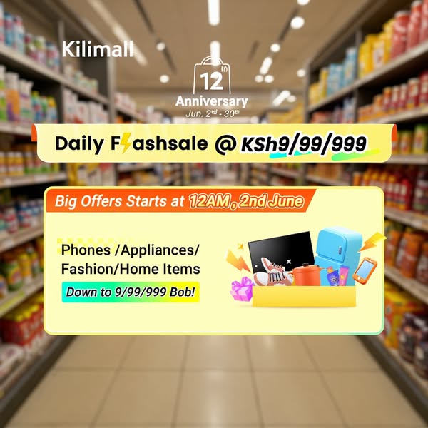 This is an ad for Kilimall, advertising their 12th anniversary with discounts on various products, including phones, app
