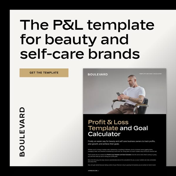 This ad promotes a P&L template and goal calculator designed for beauty and self-care business owners. It highlights
