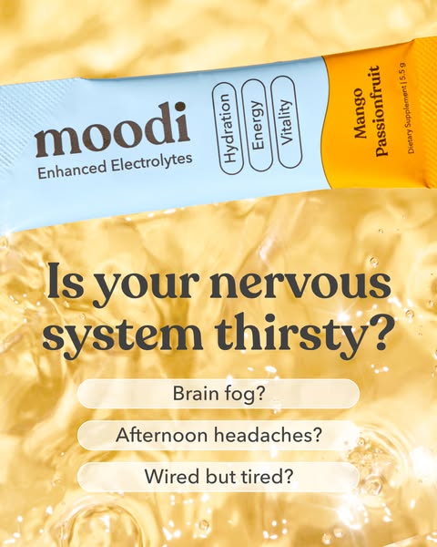 This ad promotes Moodi enhanced electrolytes, emphasizing hydration, energy, and vitality. It targets individuals experi