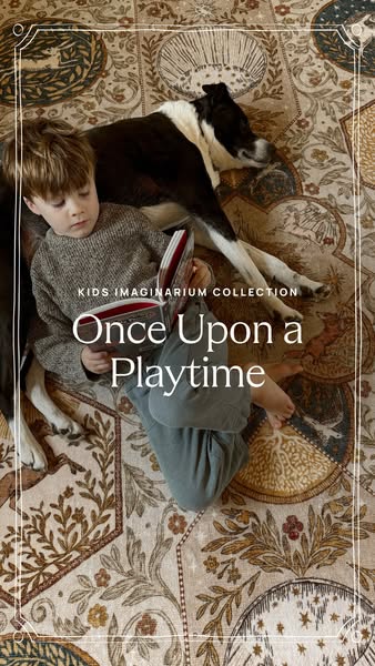 This ad features a child laying on a patterned rug with a dog and reading a book. The ad is promoting the brand's Ki