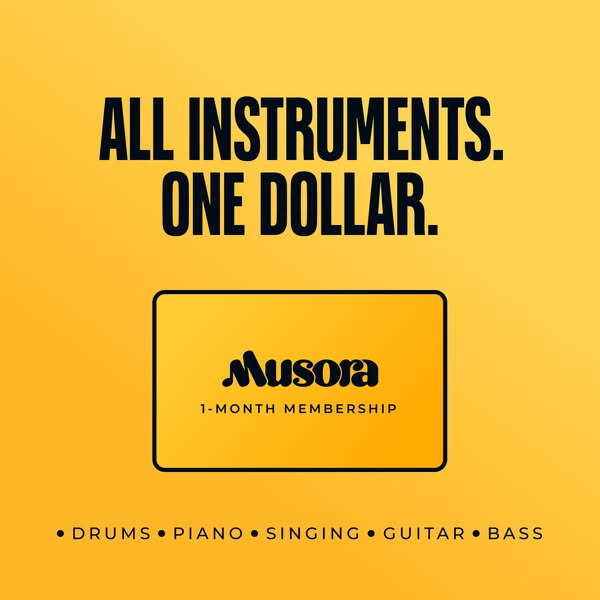 This image ad promotes Musora's one-month membership for one dollar. The ad features bold text that says, "ALL 