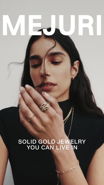 This MeJuri ad features a model adorned with gold jewelry, highlighting the brand's claim that its products are '