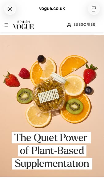 This ad is for Heights plant-based supplements. The ad features a top-down shot of the Heights supplement bottle surroun