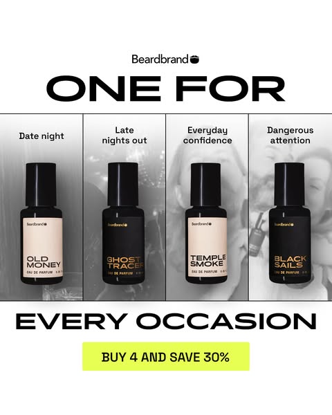 This ad by Beardbrand showcases a selection of their fragrances, each tailored to different occasions. It presents a str