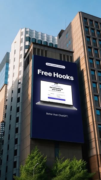 This ad is for Motion Creative Analytics. It is promoting free ad hooks for your brand, positioning itself as better tha