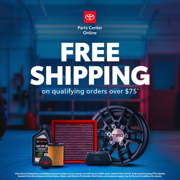 This image ad promotes Toyota Parts Center Online with an offer for free shipping on qualifying orders over $75. Several