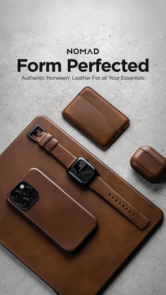 This ad showcases a collection of leather accessories from Nomad, including an iPhone case, Apple Watch strap, AirPods c