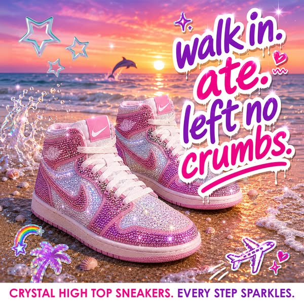 This ad features two crystal high-top sneakers on a beach. The text overlay reads, "walk in. ate. left no crumbs.&q