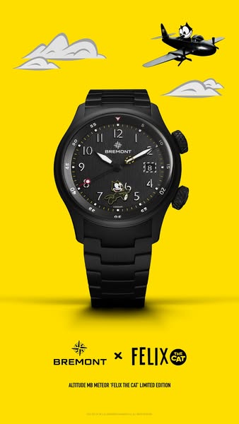 This image ad showcases a Bremont watch in collaboration with Felix the Cat. It features a sleek black watch with Felix 