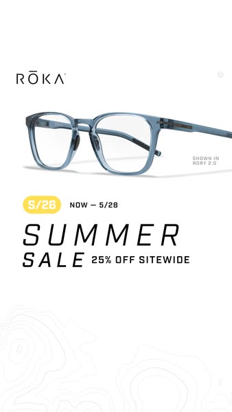 This image ad showcases ROKA eyewear and promotes a summer sale of 25% off sitewide, which is valid between May 26th and