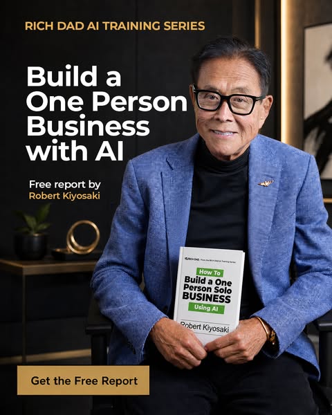 This ad promotes a free report on how to build a one-person business with AI, featuring Robert Kiyosaki.