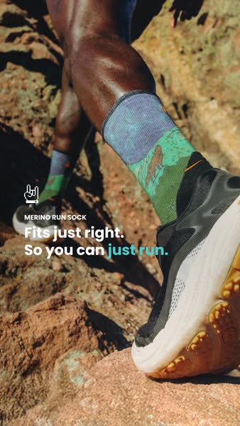 This image ad showcases the Merino Run Sock from the brand. It highlights its ability to provide a comfortable fit for r