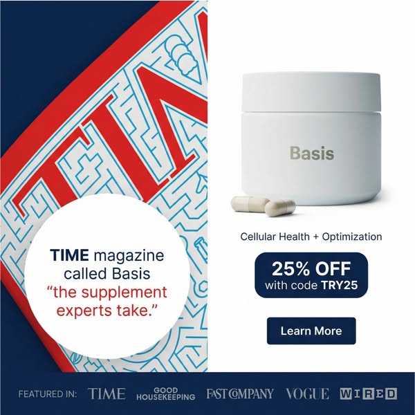 This ad for Basis supplements utilizes the visual of a maze and includes a quote from TIME magazine to establish credibi