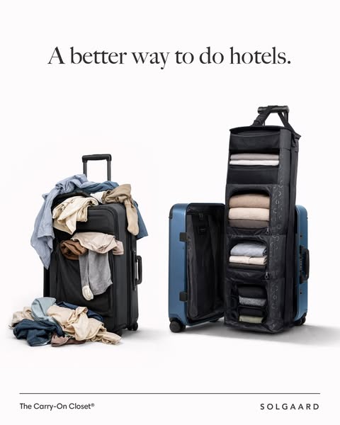 This image ad showcases Solgaard's Carry-On Closet suitcase. The ad presents a side-by-side comparison. On one side 