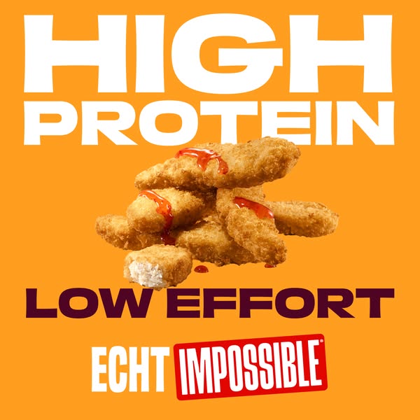 This ad for Impossible brand chicken nuggets highlights the combination of convenience and high protein content. The bra