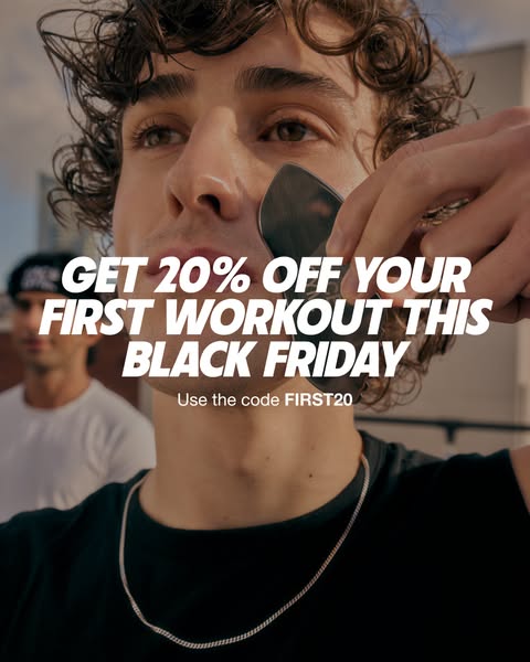 This image ad promotes a special Black Friday offer for 20% off the first workout, using the code FIRST20.