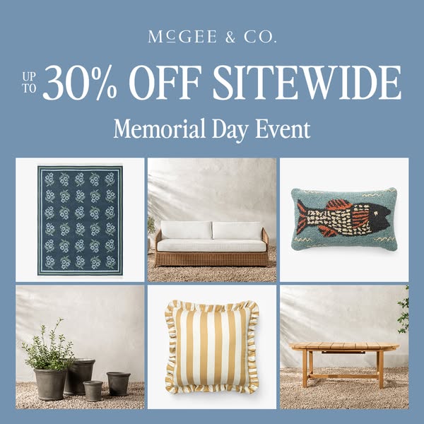 This ad for McGee & Co. promotes their Memorial Day Event, offering up to 30% off sitewide. The ad features a grid o