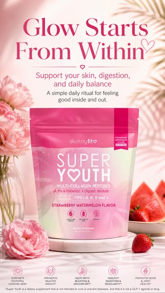 This image ad promotes SkinnyFit's Super Youth Multi-Collagen Peptides in strawberry watermelon flavor. It focuses o