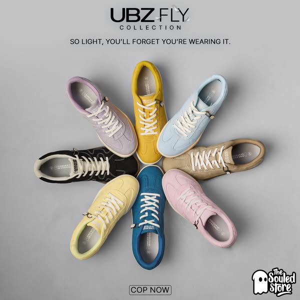 This image ad displays eight UBZ Fly Collection sneakers, each a different color, arranged in a circle on a gray backgro
