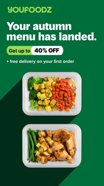 The ad promotes Youfoodz's autumn menu, highlighting a discount of up to 40% off and free delivery on the first orde