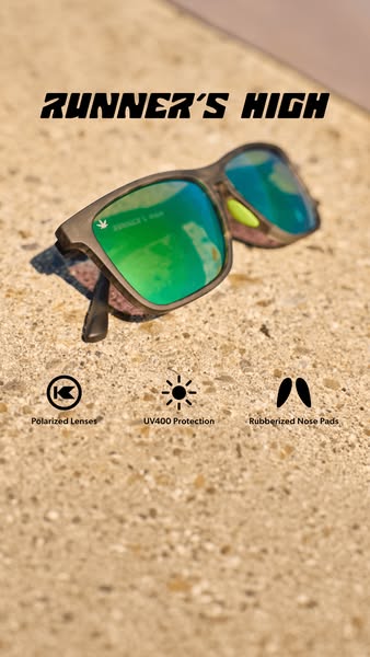 An image ad showcasing Runner's High sunglasses featuring polarized lenses, UV400 protection, and rubberized nose pa