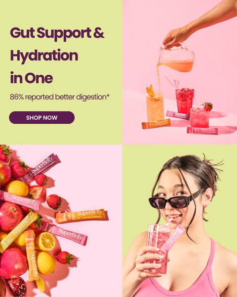 This ad promotes SuperBelly, a product designed to aid gut support and hydration in one. The ad showcases the product in
