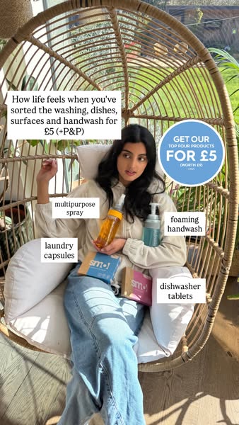 An image ad featuring a woman sitting in a wicker chair surrounded by cleaning products, touting a special offer on the 
