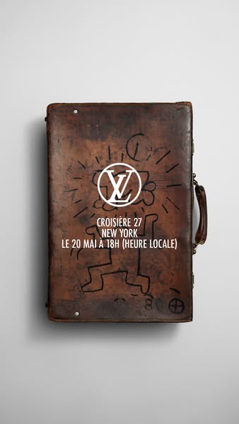 This ad features an image of a vintage Louis Vuitton trunk against a white background. The text and drawings are promoti
