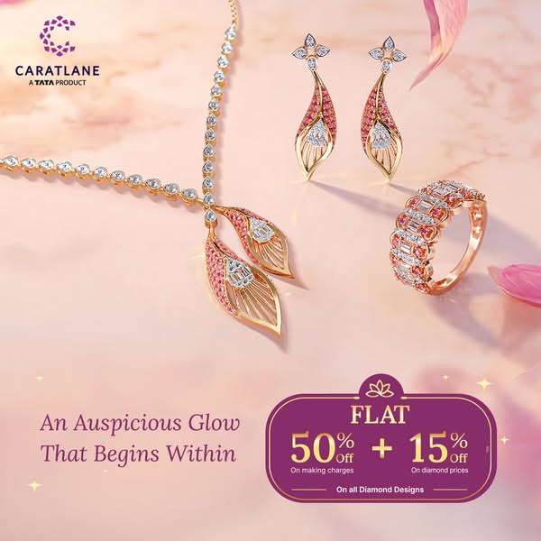 This image ad from CaratLane showcases a jewelry set, including a necklace, earrings, and a ring, all featuring diamonds