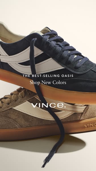 This ad showcases the Vince Oasis sneaker, highlighting its availability in new colors. The image focuses on the visual