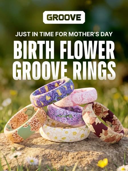 This ad promotes Groove Rings' Birth Flower Groove Rings, suggesting them as a Mother's Day gift. The ad feature