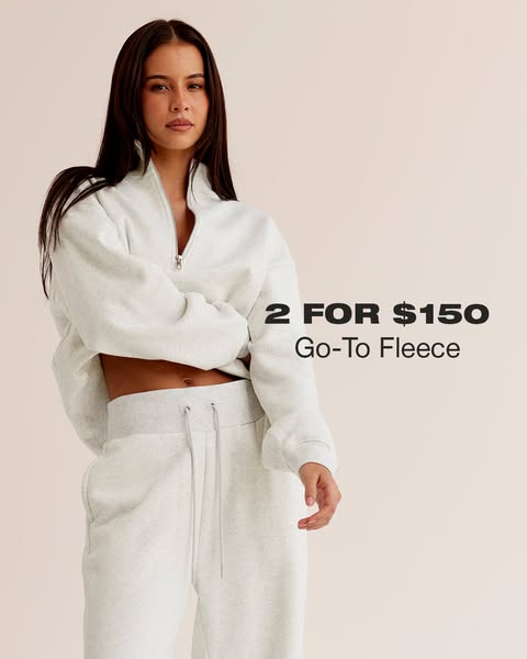 Ad for Go-To Fleece. It includes a woman in matching fleece pants and half-zip sweater with text that reads '2 FOR $