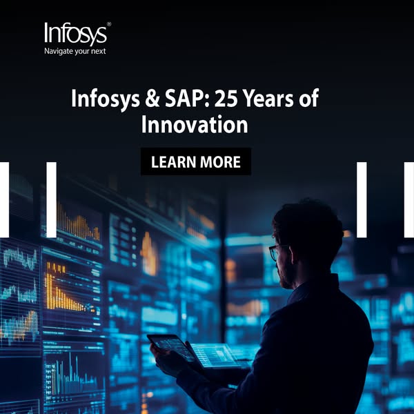 This is an ad announcing the 25 year milestone of innovation of the collaboration between Infosys and SAP. The image fea
