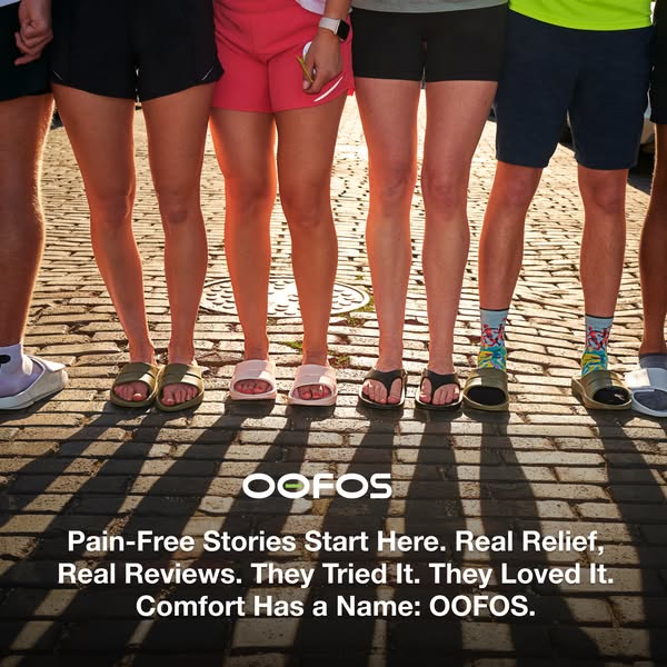 An image ad showcasing OOFOS footwear, highlighting their comfort and pain relief benefits through a group of people wea