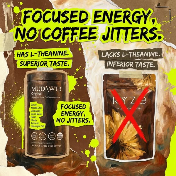 This image ad compares MUD\WTR to Ryze mushroom coffee, highlighting MUD\WTR's superior taste and the inclusion of L