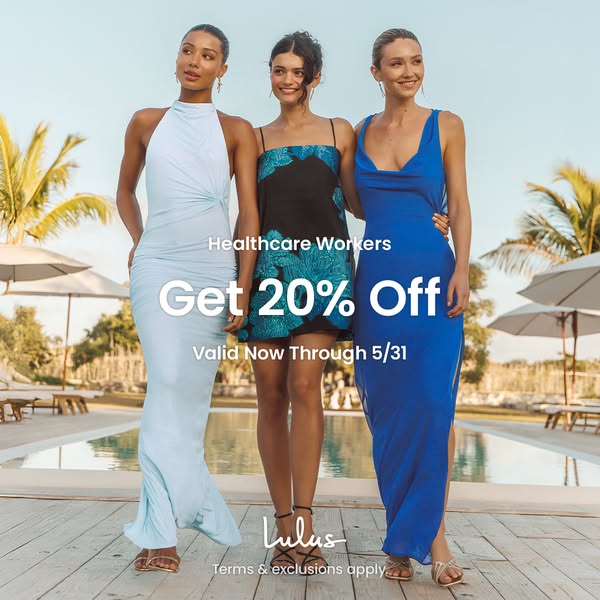 This ad features three women of varying skin tones modeling different dresses from Lulus. It offers a 20% discount for h