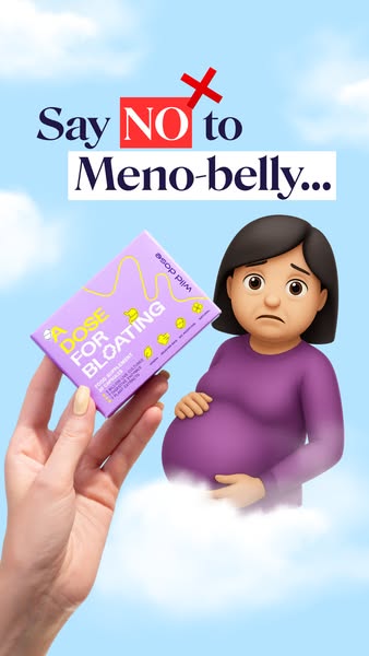 This ad is for Wild Dose's A Dose For Bloating supplement. The ad features a cartoon pregnant woman and a hand holdi