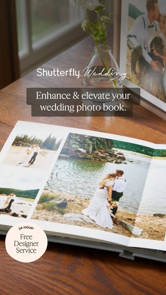 This ad promotes Shutterfly's wedding photo book service, highlighting the ability to enhance and elevate wedding me
