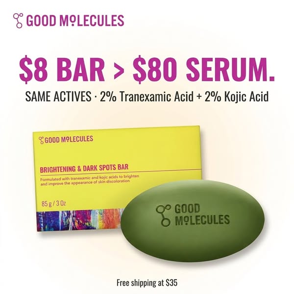 This ad compares the price and effectiveness of Good Molecules Brightening & Dark Spots Bar with more expensive seru