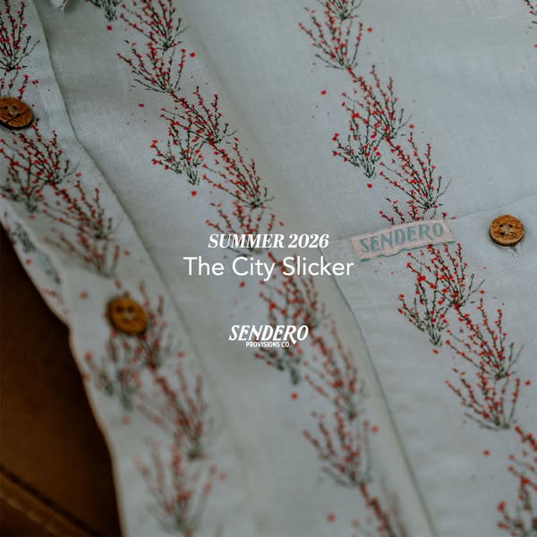 This ad showcases Sendero Provisions Co. clothing. It features a close-up shot of a collared shirt with a distinct patte