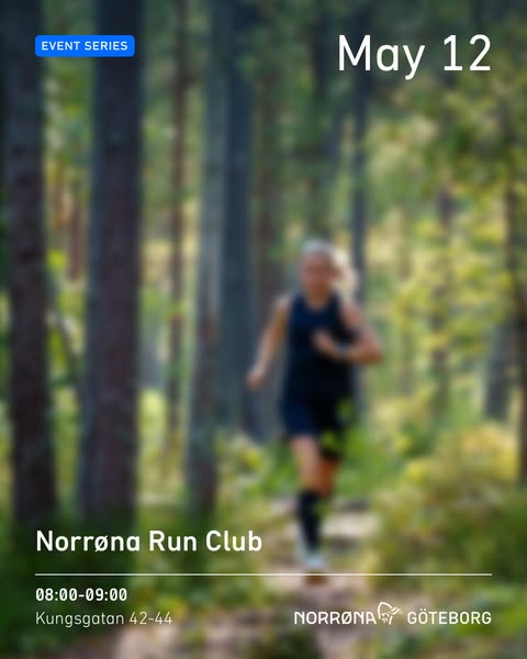 This ad promotes the Norrøna Run Club event taking place on May 12 from 08:00-09:00 at Kungsgatan 42-44 in Goteborg.