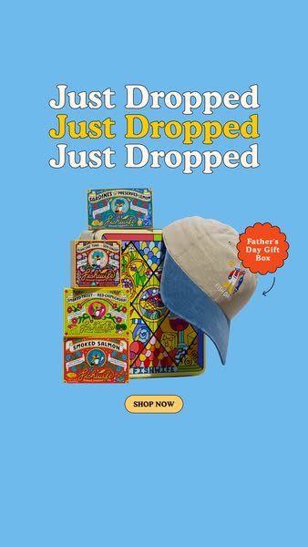 The ad features a stack of Fishwife product tins next to a ballcap in an ad promoting gift boxes for Father's Day.