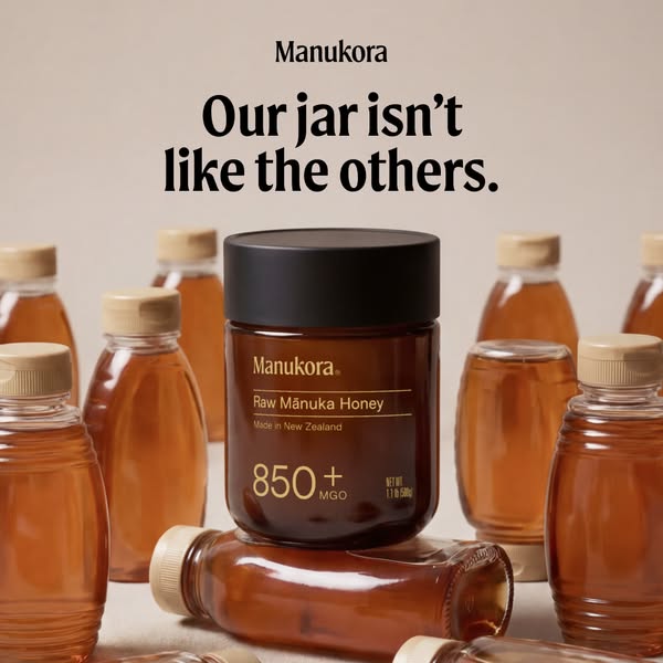 This ad showcases Manukora honey in its unique jar. The ad emphasizes the brand's superior quality and distinctivene