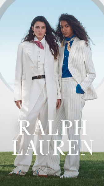 This ad features two models dressed in Ralph Lauren clothing. The models are posing in an outdoor setting. The ad promot