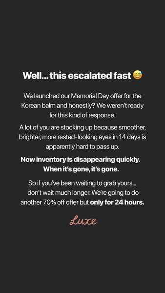 A text-based ad announcing the brand's Memorial Day offer for a Korean balm. Due to high demand, inventory is runnin