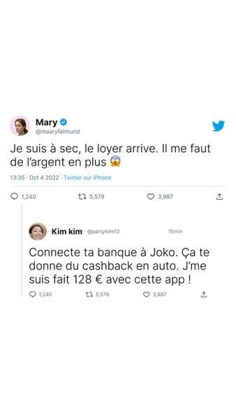 The ad features a screenshot of two Twitter posts, both written in French. The first tweet is from a user named Mary who