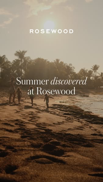 A family strolls on the beach in a visually simple ad for Rosewood Hotels and Resorts, showcasing their summer vacation 