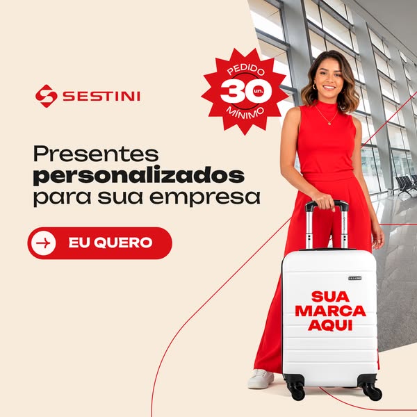 This ad for Sestini features a smiling model standing in what appears to be an airport holding a white suitcase. The ad 